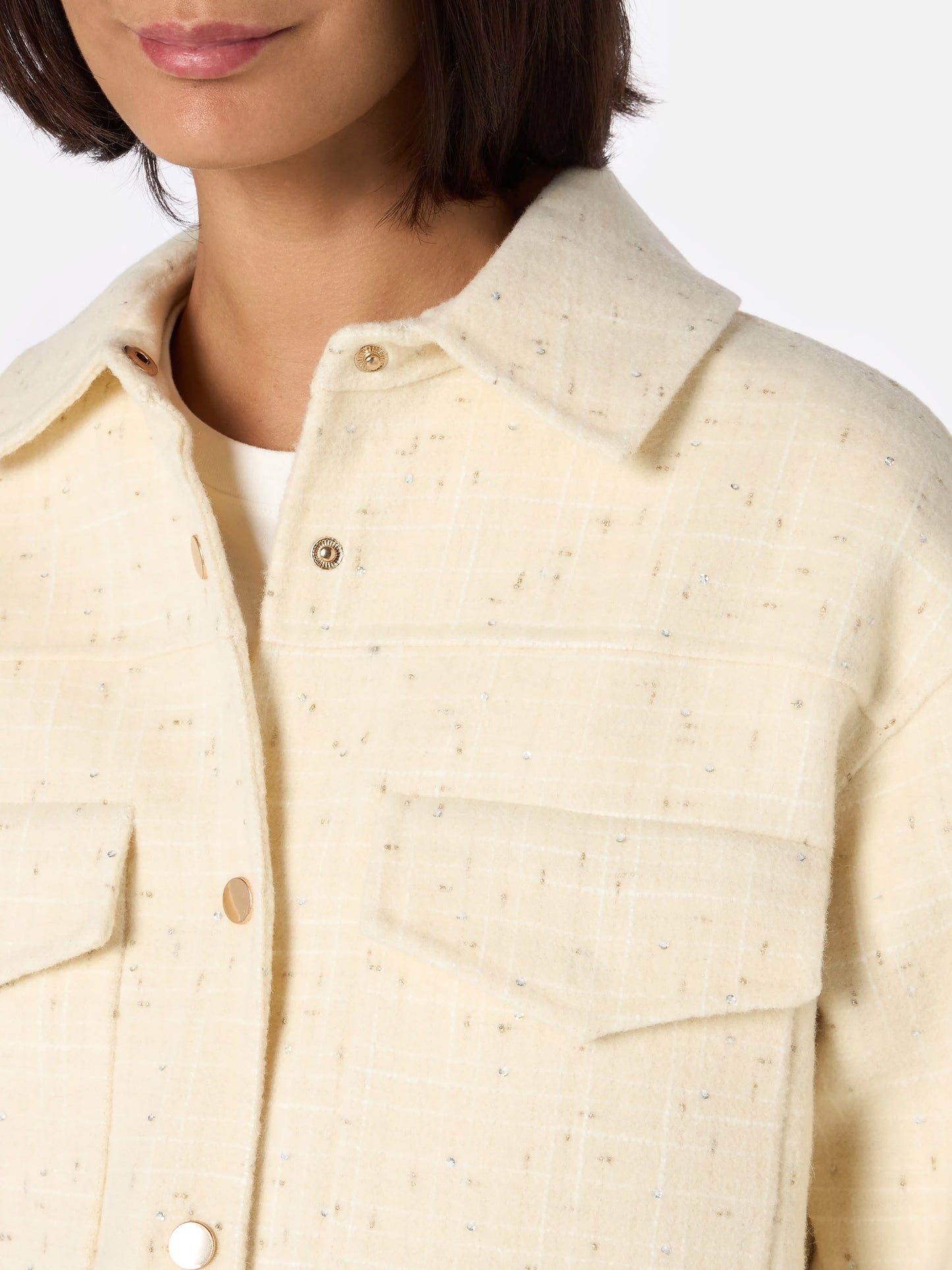 Giacca da donna in tweed di lana bianca Chantel con paillettes