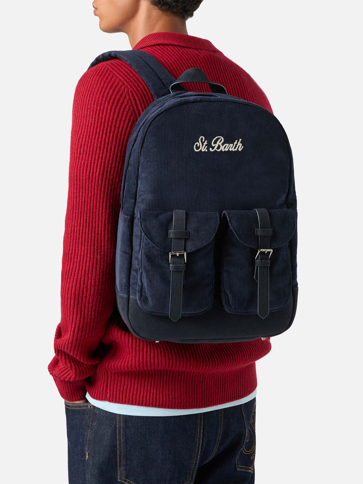 Navy blue Cody corduroy backpack with logo embroidery