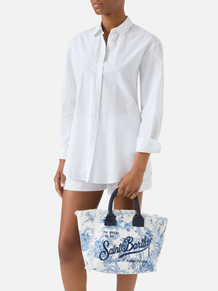 Colette canvas bag with blue toile de Jouy print