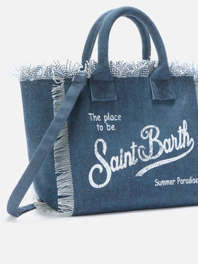 Indigo blue canvas Colette bag with fringes