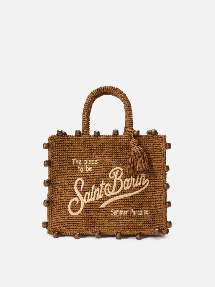 Colette raffia bag with embroidered logo and applied beads