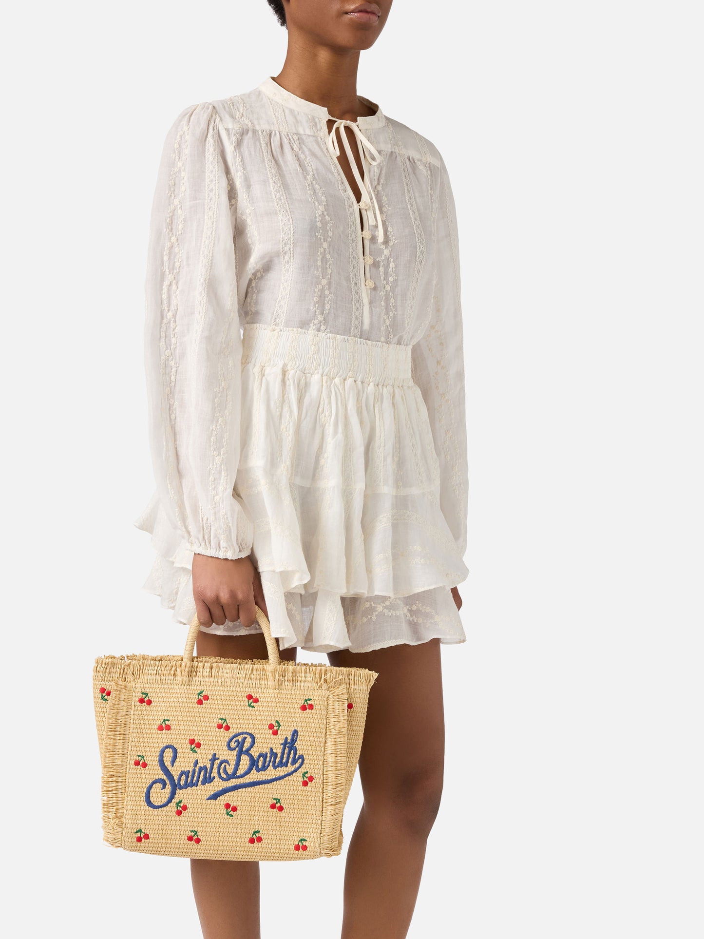 Colette bag in straw effect fabric with cherry embroidery