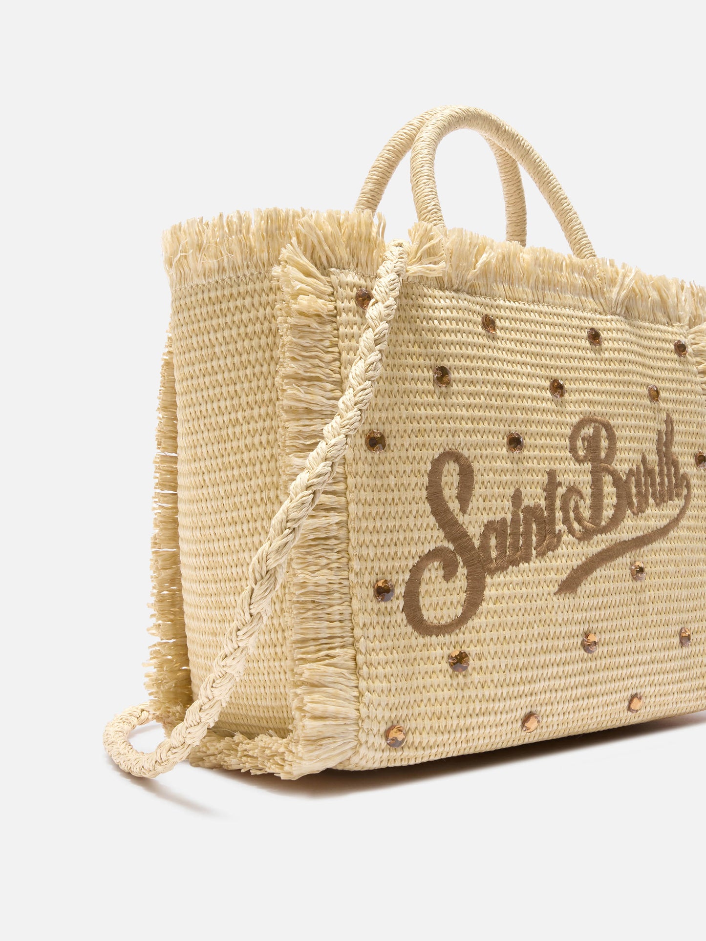 Colette bag in straw effect fabric with applied rhinestones