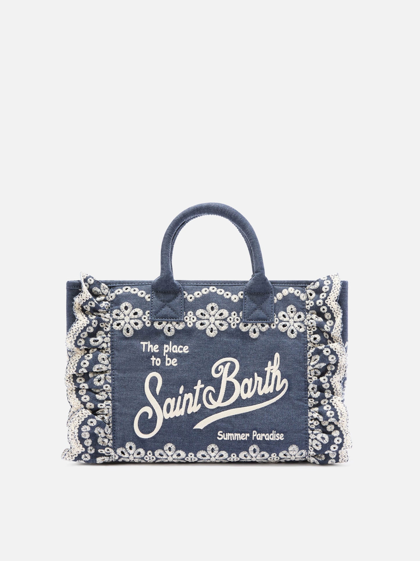 Colette Volant Tasche aus Dark-Wash-Denim mit dekorativer Stickerei 