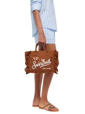 Colette camel brown handbag in Sangallo cotton lace with flounce - MC2 Saint Barth