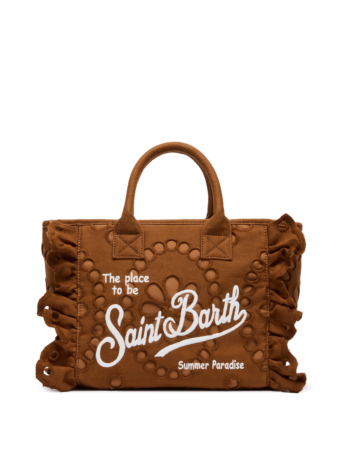 Colette camel brown handbag in Sangallo cotton lace with flounce - MC2 Saint Barth