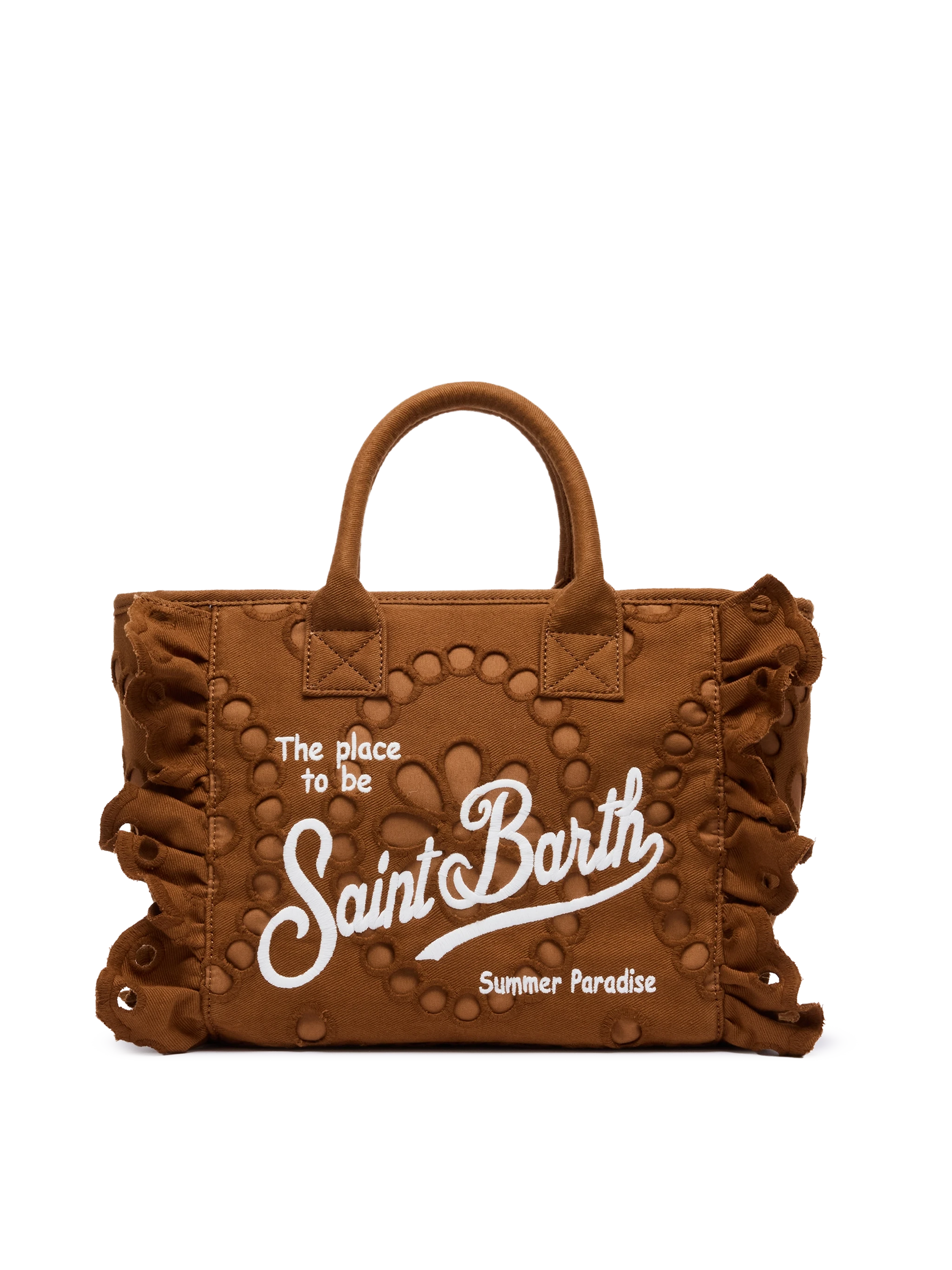 Colette camel brown handbag in Sangallo cotton lace with flounce - MC2 Saint Barth