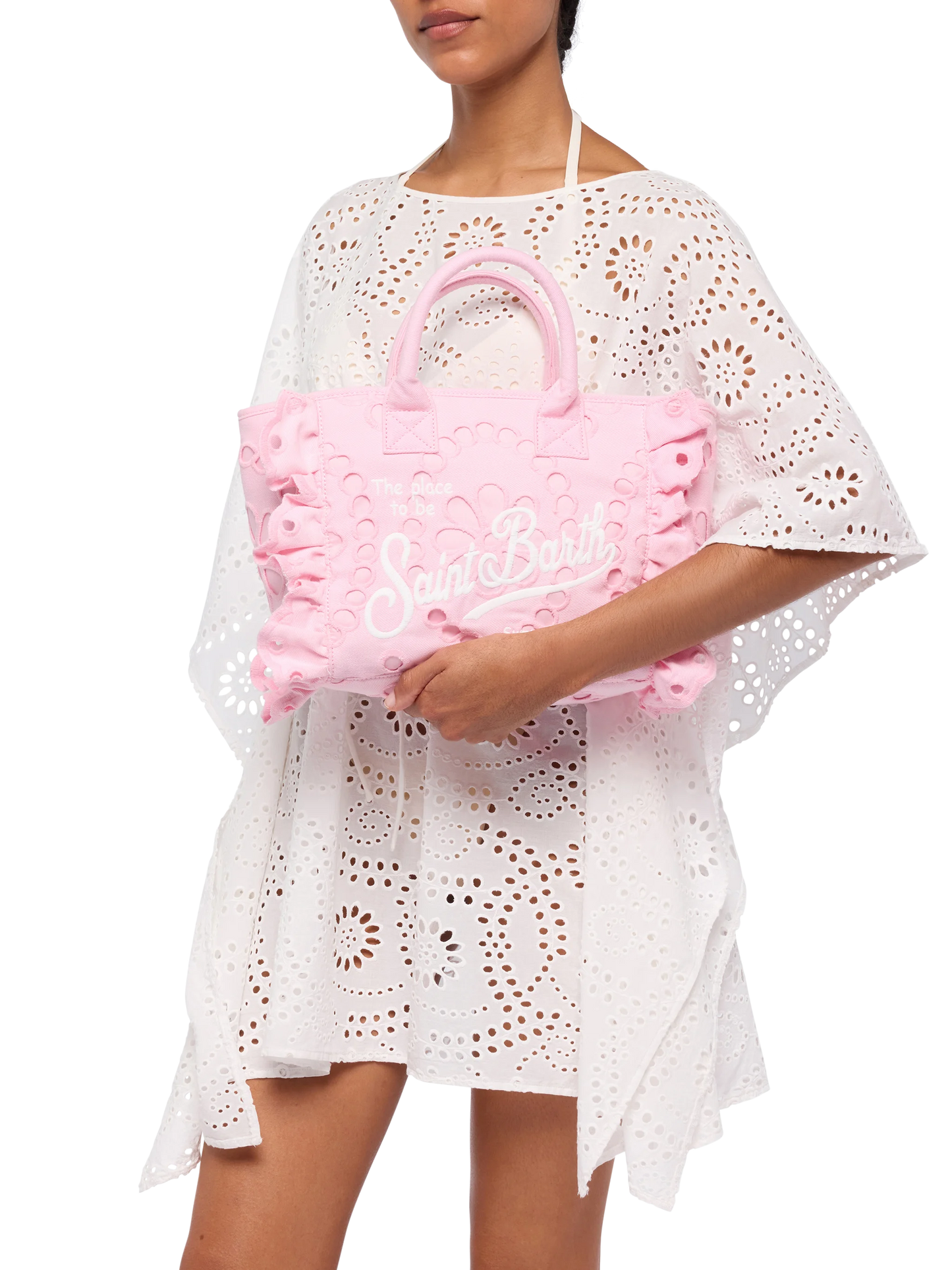 Colette pink handbag in Sangallo cotton lace with flounce - MC2 Saint Barth