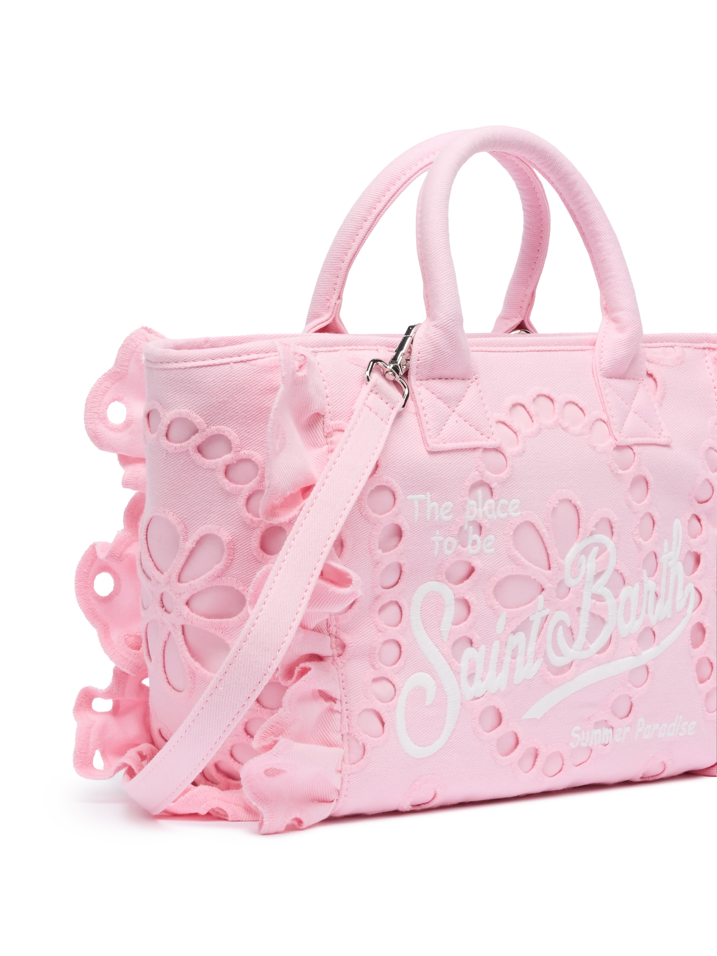 Colette pink handbag in Sangallo cotton lace with flounce - MC2 Saint Barth