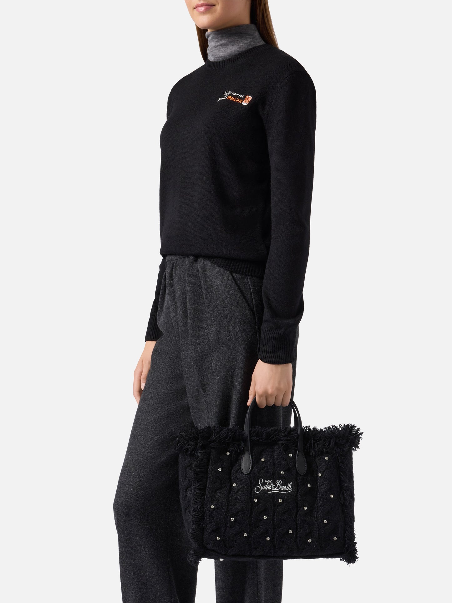 Colette Wool Braid Handbag in black braided wool blend with rhinestones