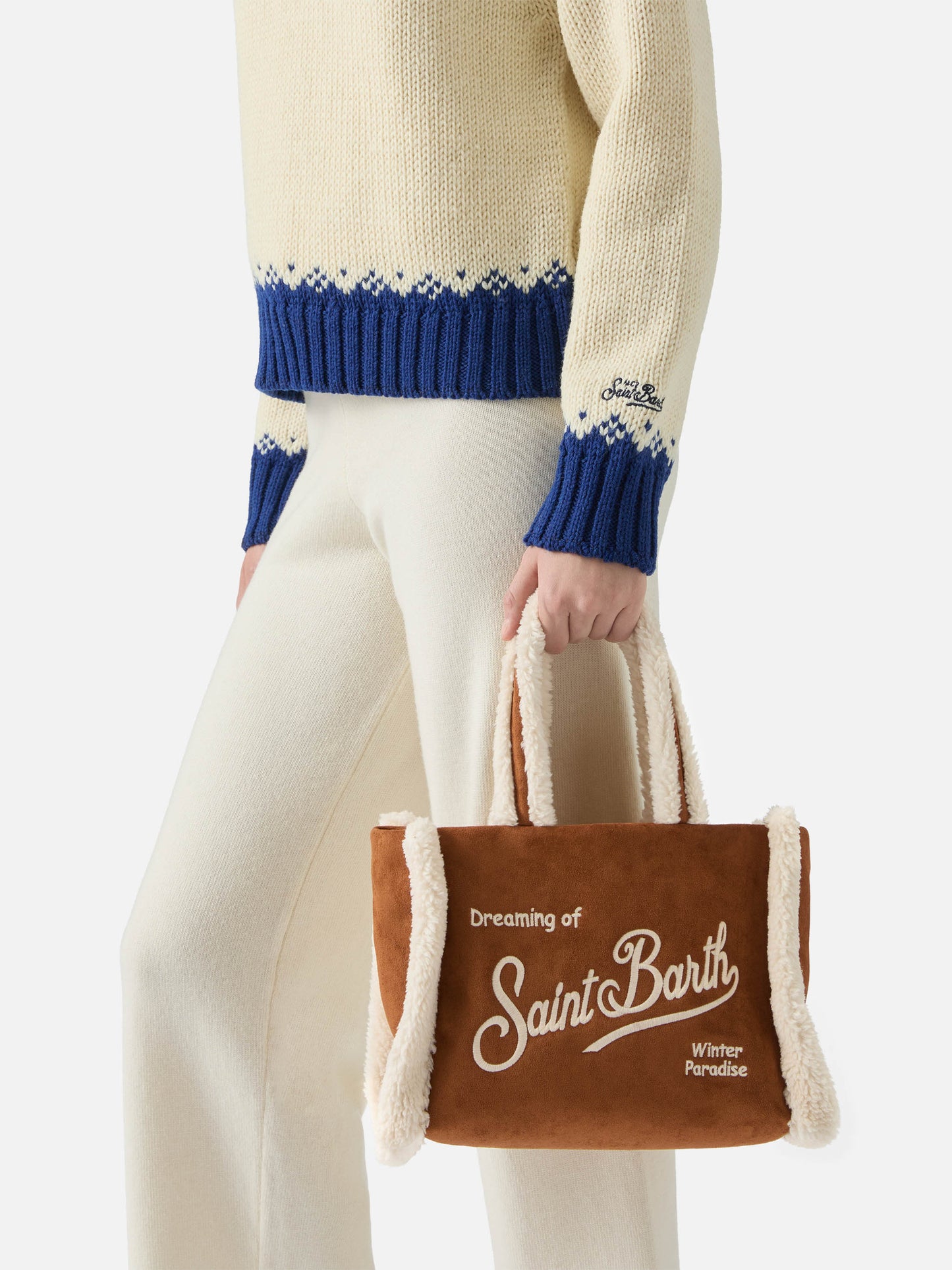 Colette Shearling Handbag in faux suede camel with shearling details