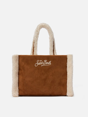 Colette Shearling Handbag in faux suede camel with shearling details