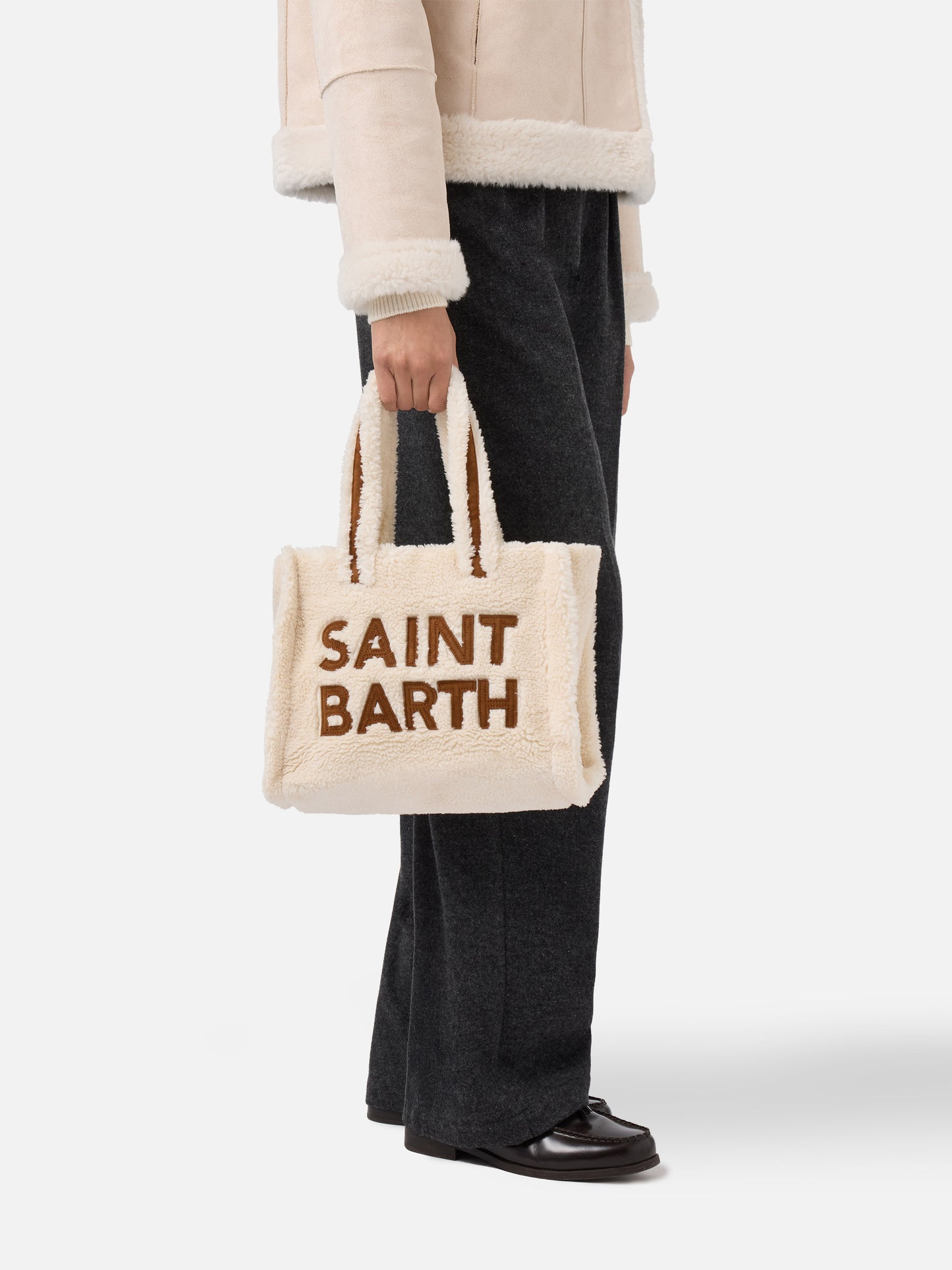 Colette Teddy Handbag in white sherpa with maxi logo