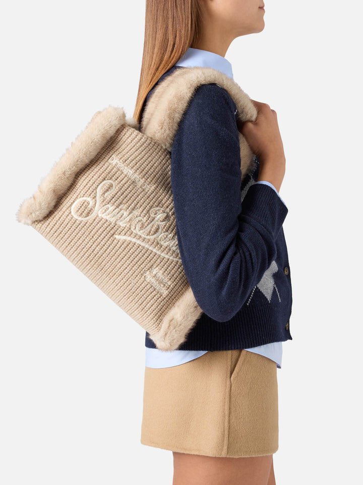 Sac à main en fausse peau lainée côtelée Beige Colette avec broderie logo 