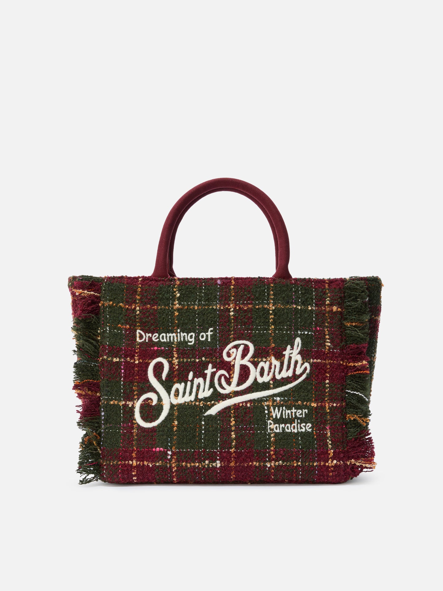 Colette Tweed-Handtasche aus bordeauxfarbenem Wollmischgewebe mit Karomuster.