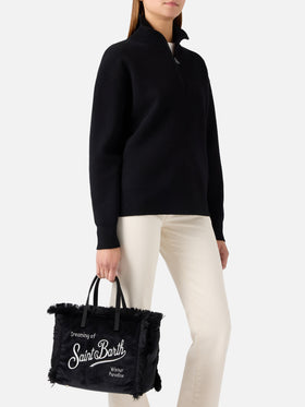 Schwarze Samttasche Colette mit Logostickerei 