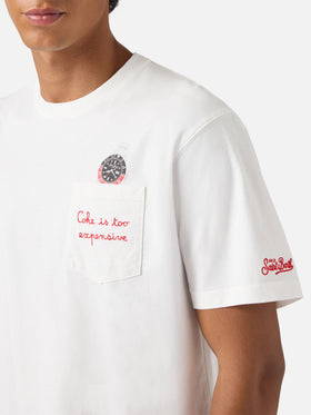 Connor cotton T-shirt in white with Coke is too expensive pocket embroidery