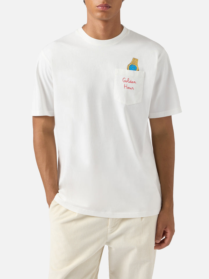 T-shirt Connor in cotone bianco con ricamo sul taschino Golden hour