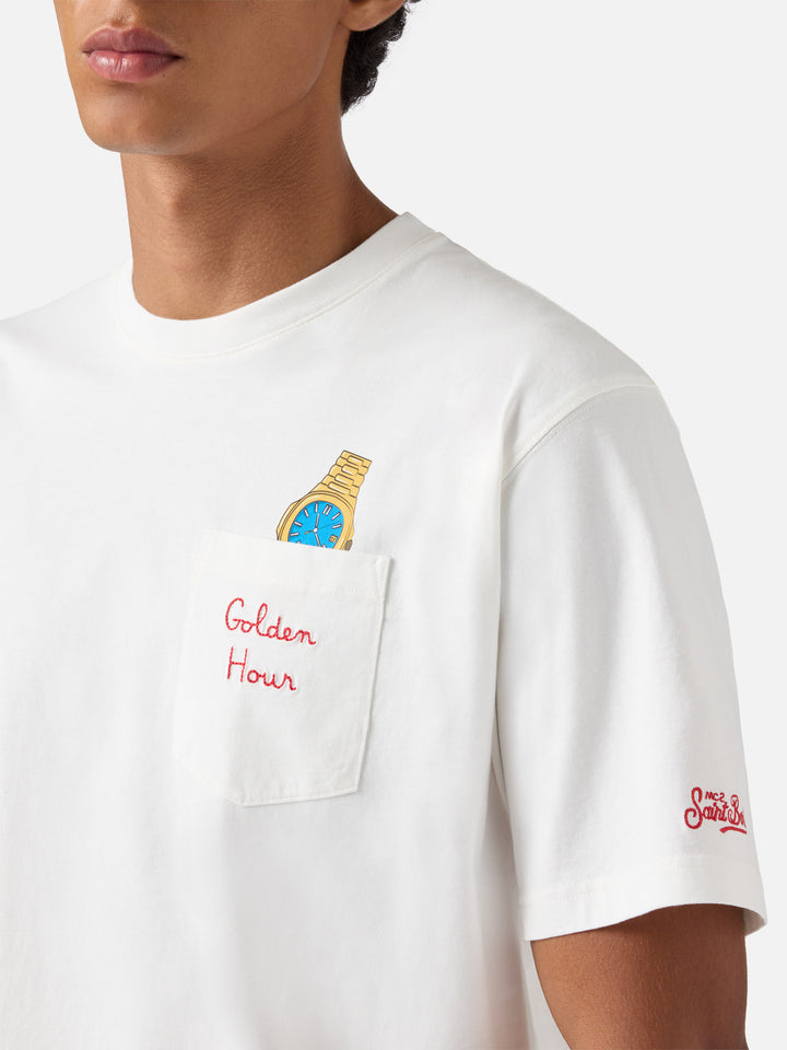 T-shirt Connor in cotone bianco con ricamo sul taschino Golden hour