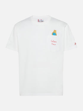 Connor cotton T-shirt in white with Golden hour pocket embroidery