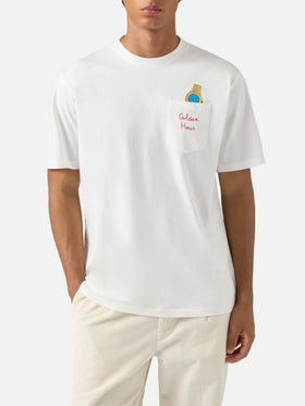 Connor Baumwoll-T-Shirt in Weiß mit goldener Stundenstickerei an der Brusttasche