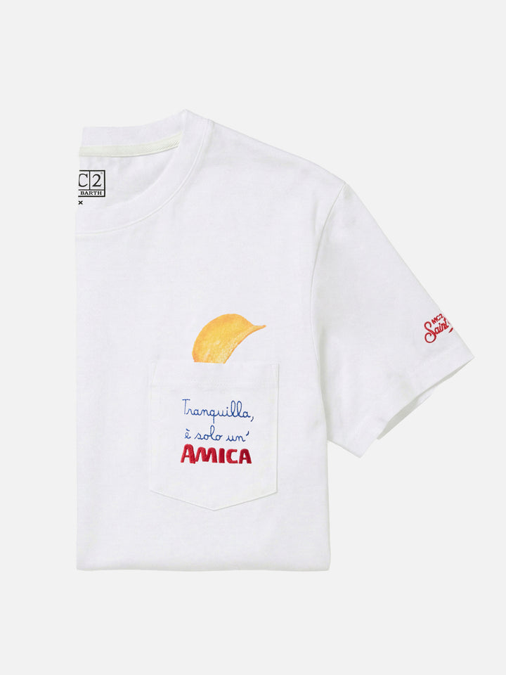 White Connor organic cotton t-shirt with Amica Chips print and embroidery | Special edition