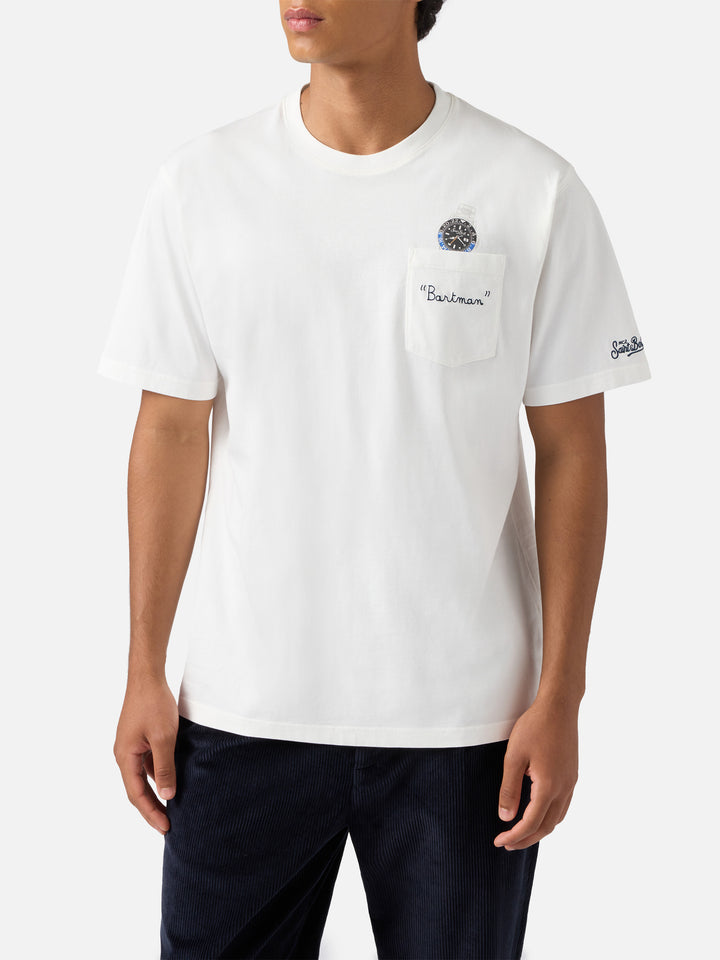 T-shirt Connor in cotone bianco con ricamo sul taschino Bartman