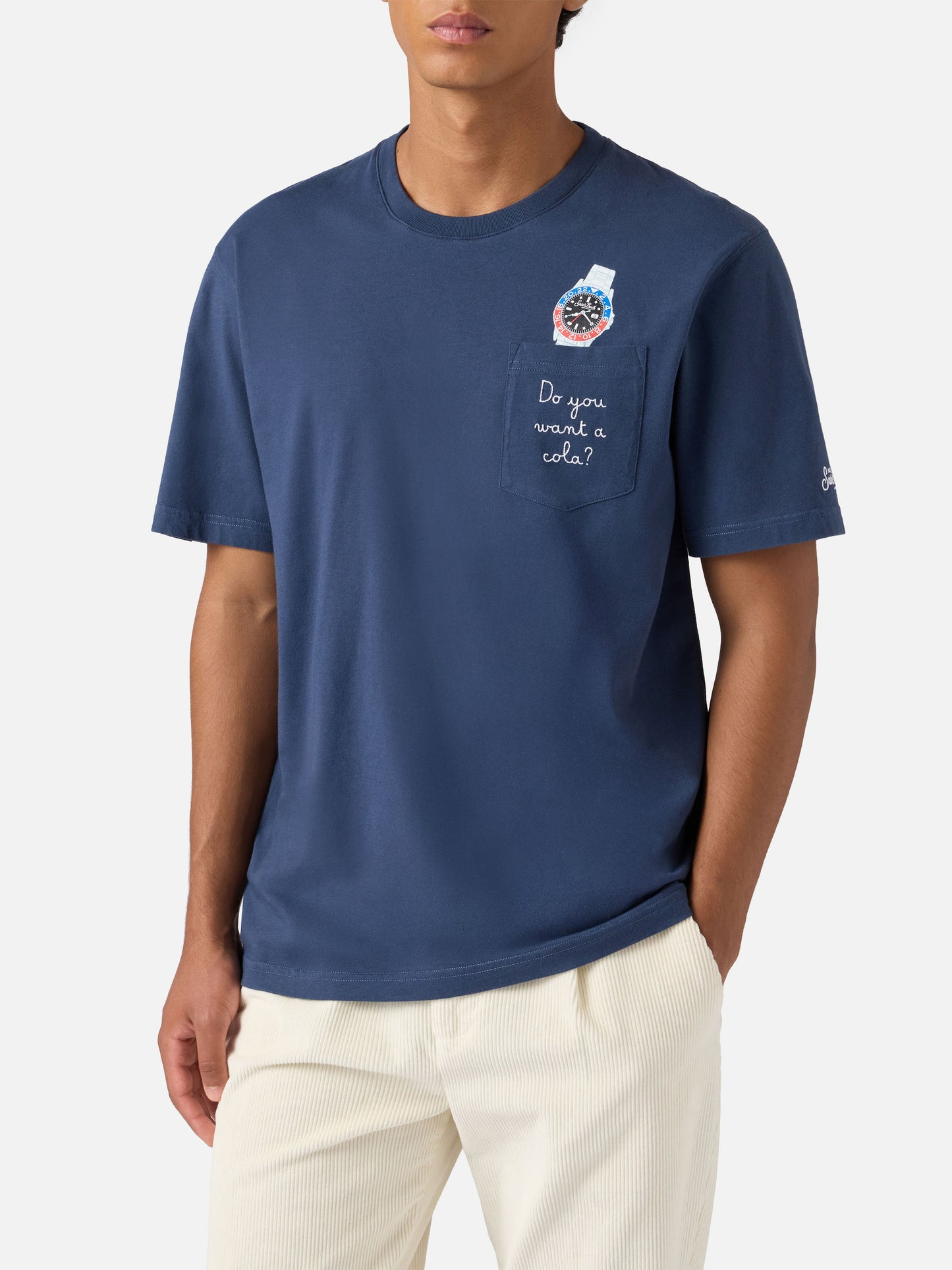 Connor cotton T-shirt in blue with Do you want a cola? pocket embroidery