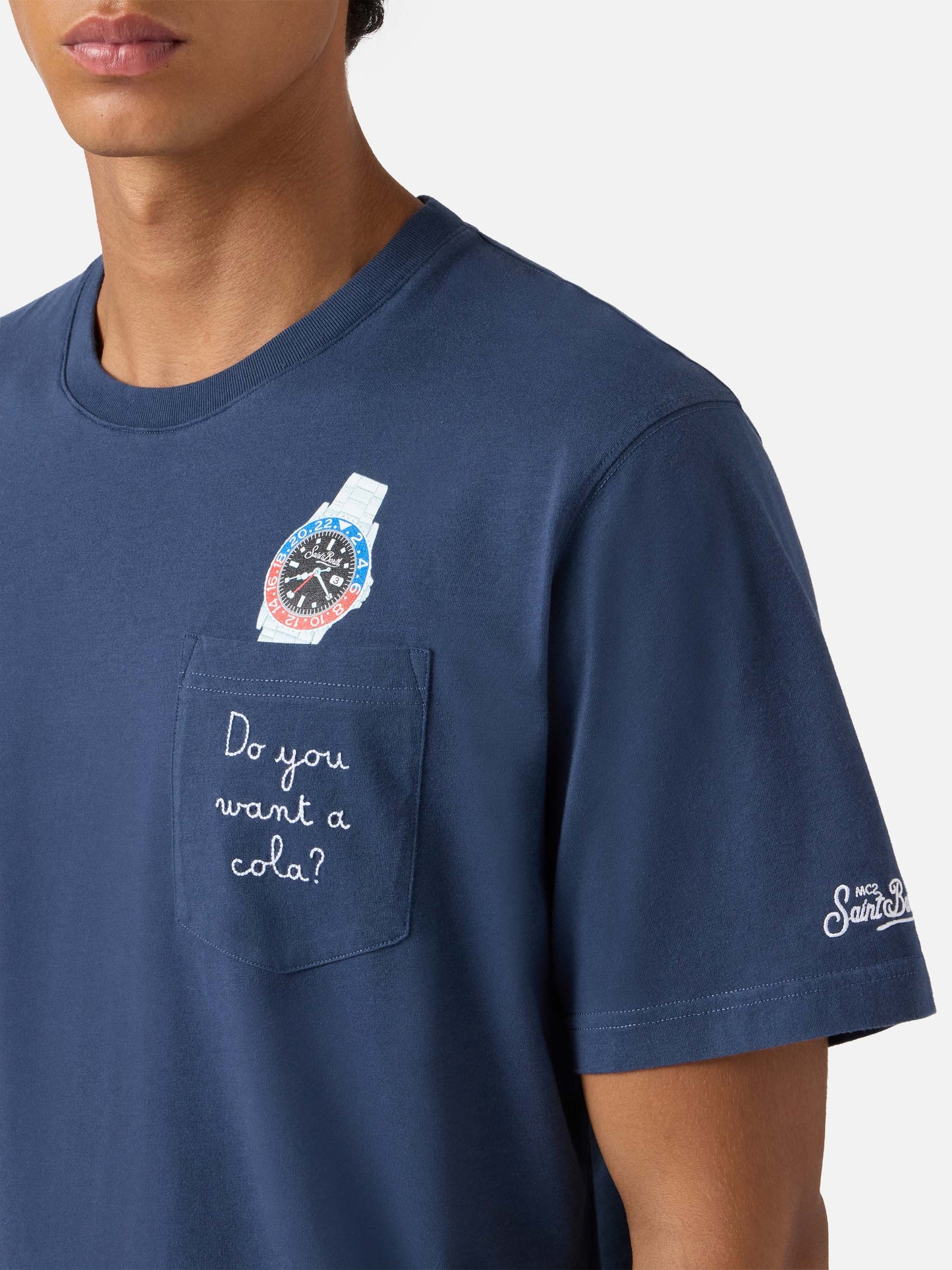 Connor cotton T-shirt in blue with Do you want a cola? pocket embroidery