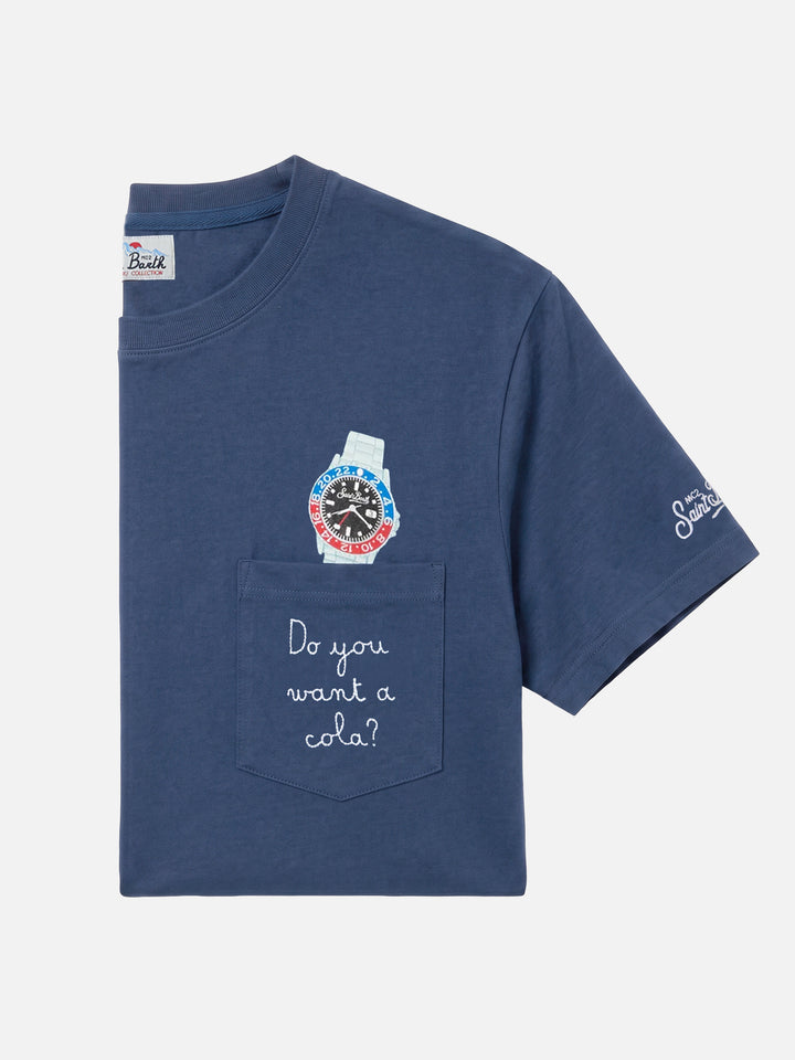 Connor cotton T-shirt in blue with Do you want a cola? pocket embroidery