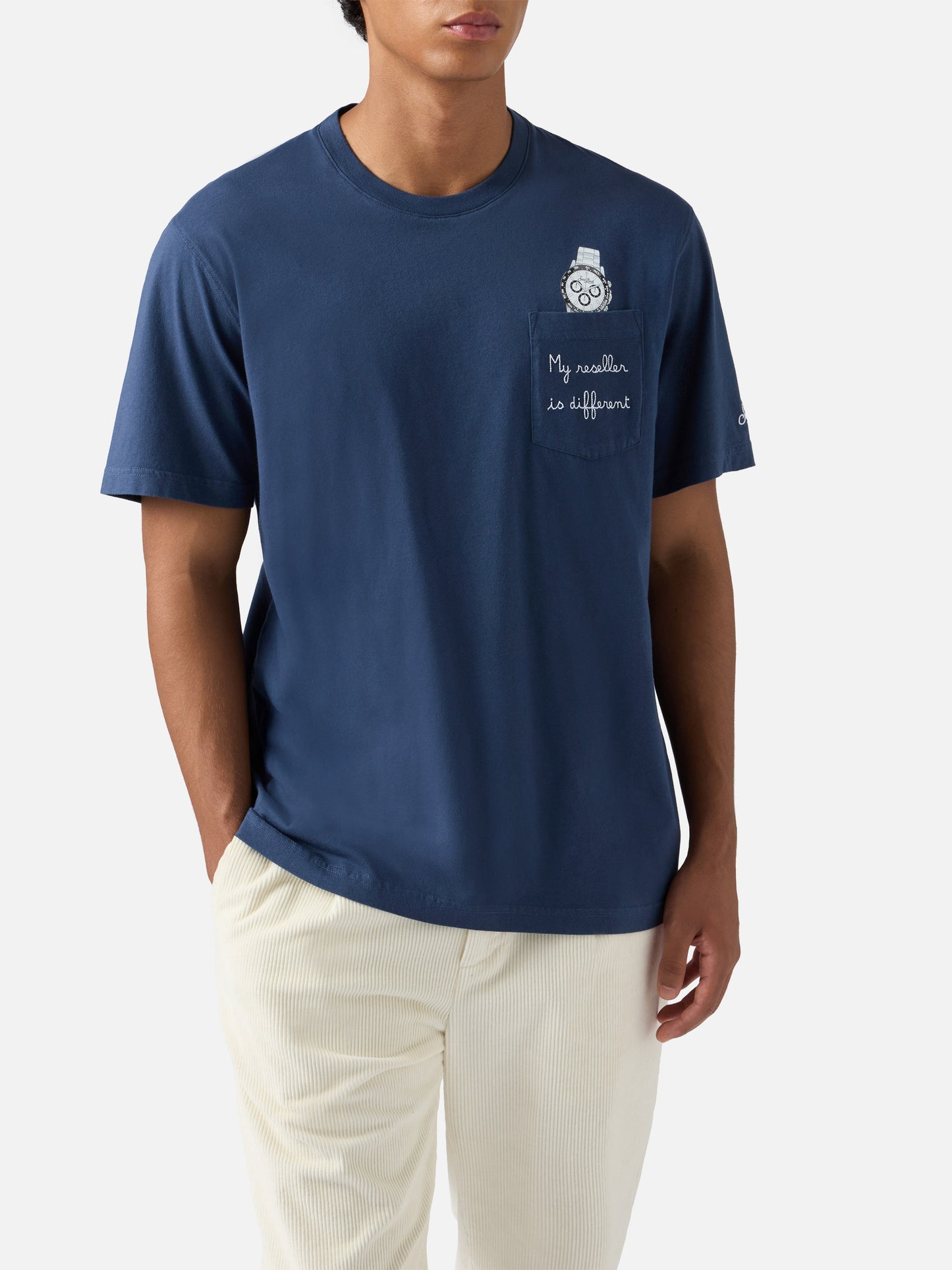 Connor cotton T-shirt in blue with My reseller is different pocket embroidery