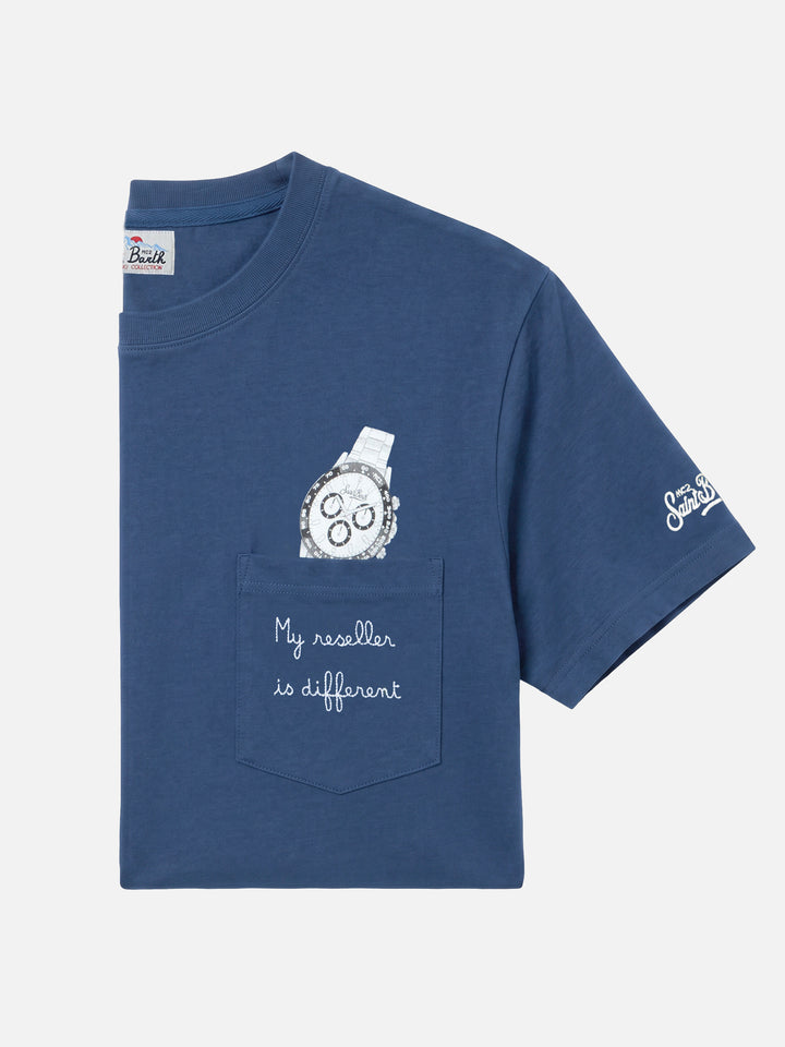Connor cotton T-shirt in blue with My reseller is different pocket embroidery