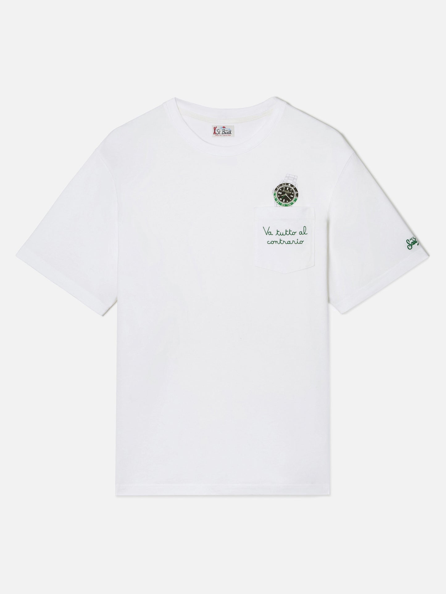 Connor-Baumwoll-T-Shirt in Weiß mit „Va tutto al contrario“-Stickerei auf der Tasche