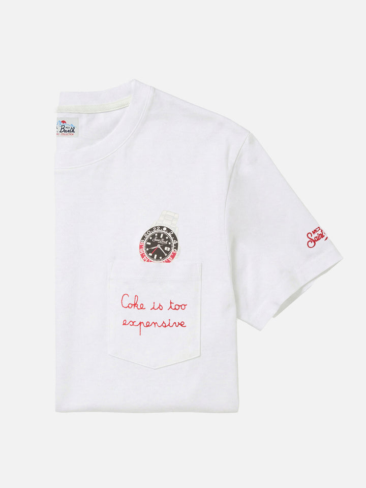 T-shirt en coton Connor blanc avec imprimé montre et broderie Cara Ho Un Expensive 
