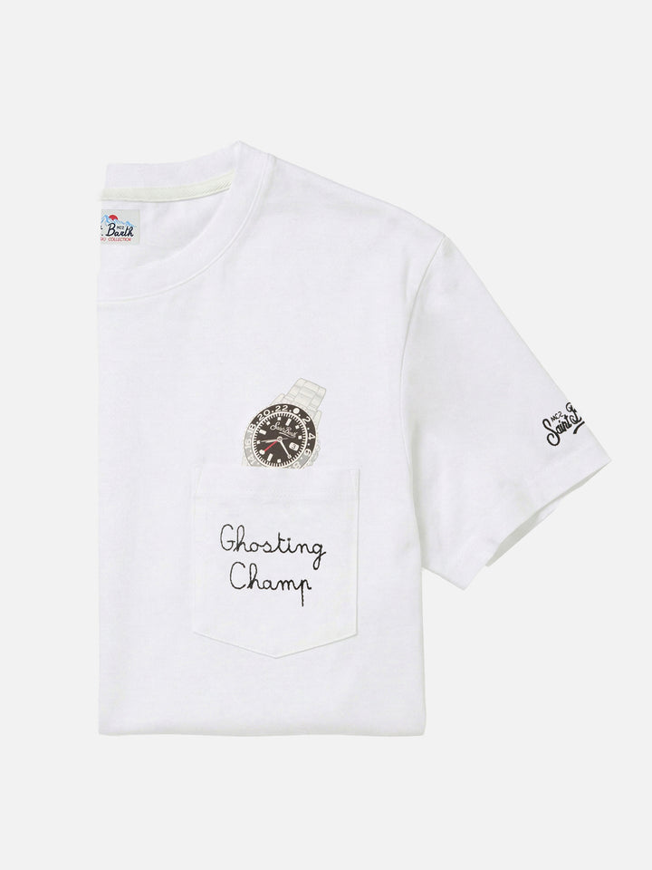 T-shirt en coton Connor blanc avec imprimé montre et broderie Ghosting Champ 
