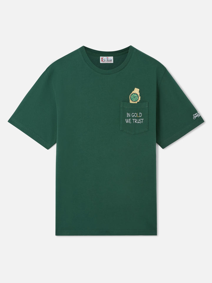 T-shirt girocollo Connor verde con taschino e ricamo In Gold We Trust
