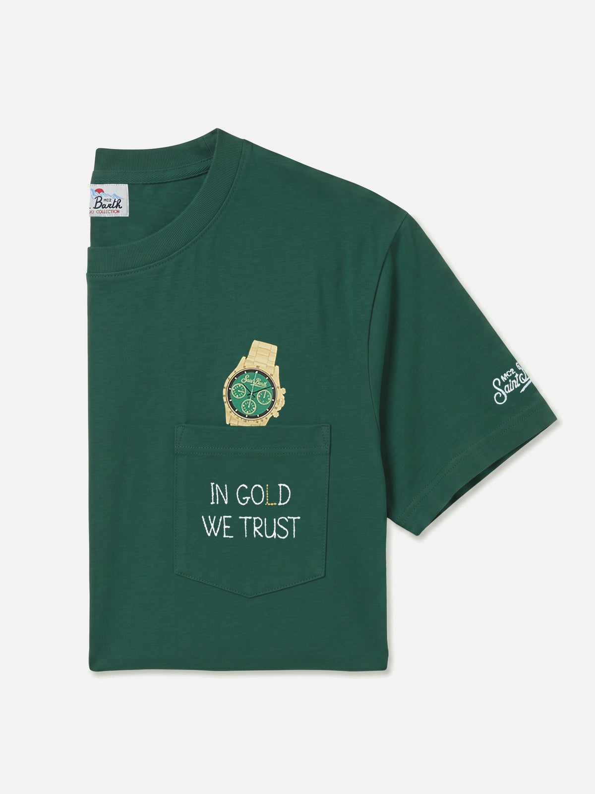 Green Connor organic cotton t-shirt with watch print and In Gold We Trust embroidery