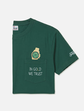 Green Connor organic cotton t-shirt with watch print and In Gold We Trust embroidery