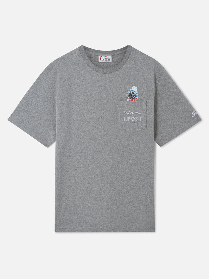 T-shirt girocollo Connor grigia con taschino e ricamo You're my Top Wish