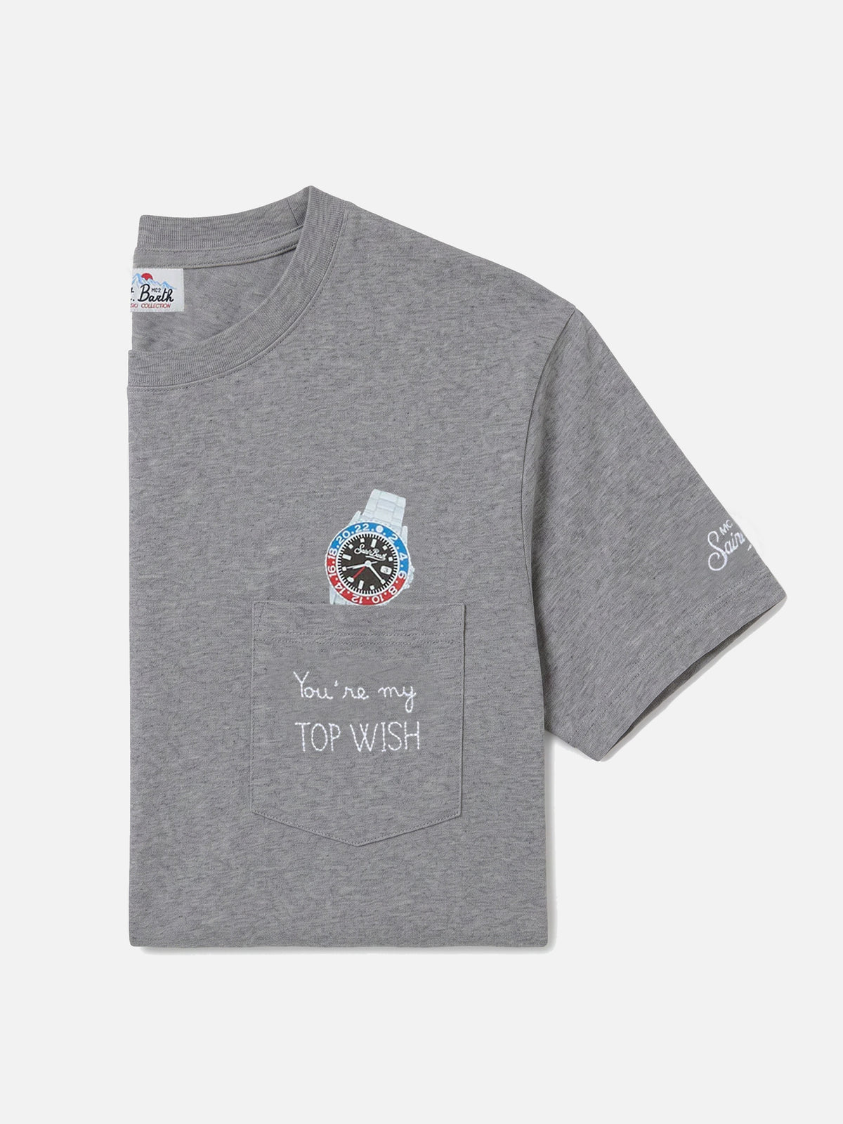 Grey Connor organic cotton t-shirt with watch print and Top Wish embroidery