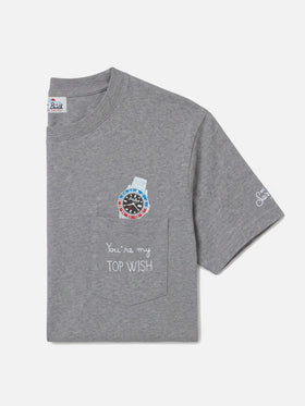 Grey Connor organic cotton t-shirt with watch print and Top Wish embroidery