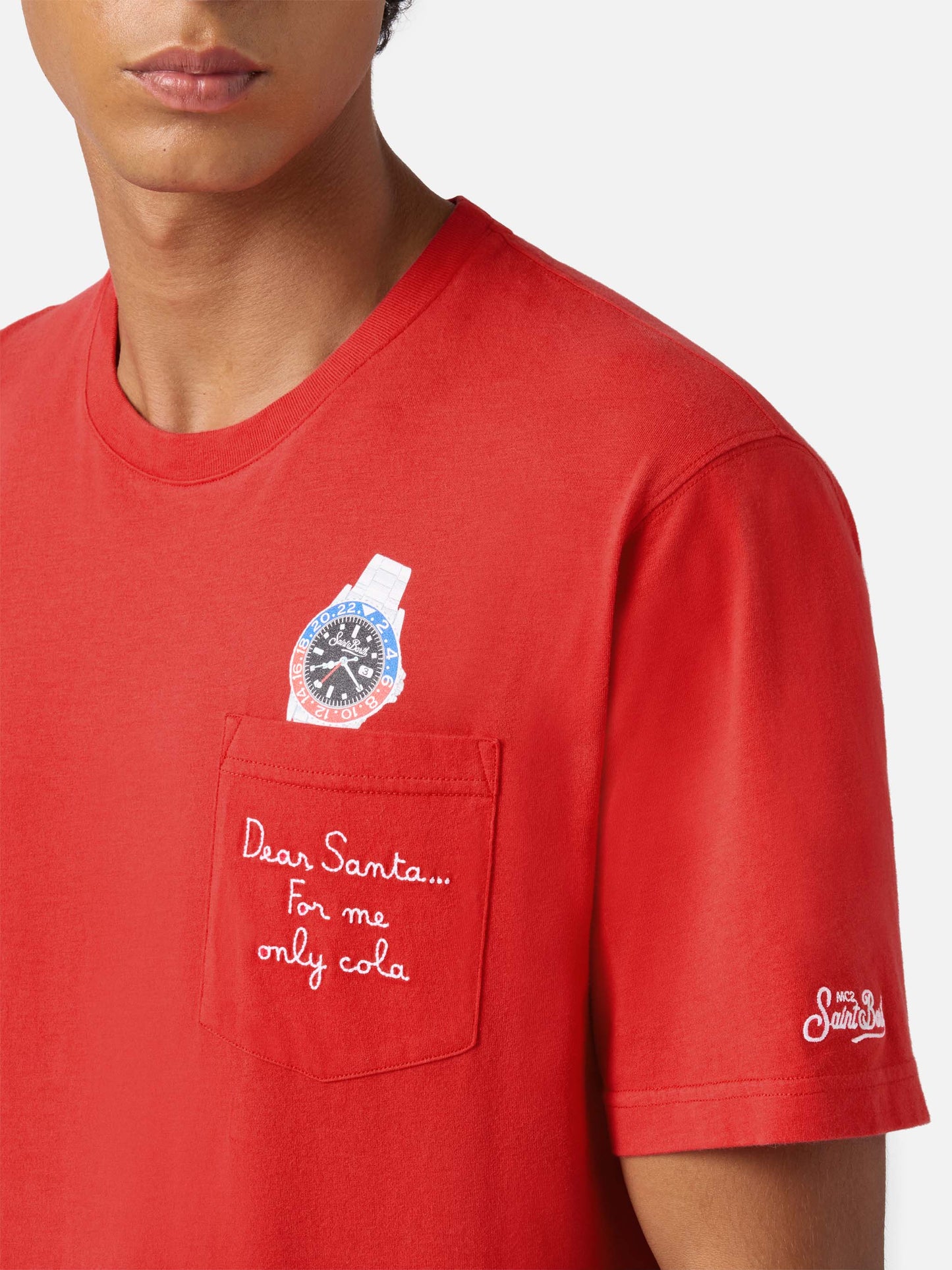 T-shirt Connor in cotone invernale rosso con ricamo sul taschino Dear Santa...