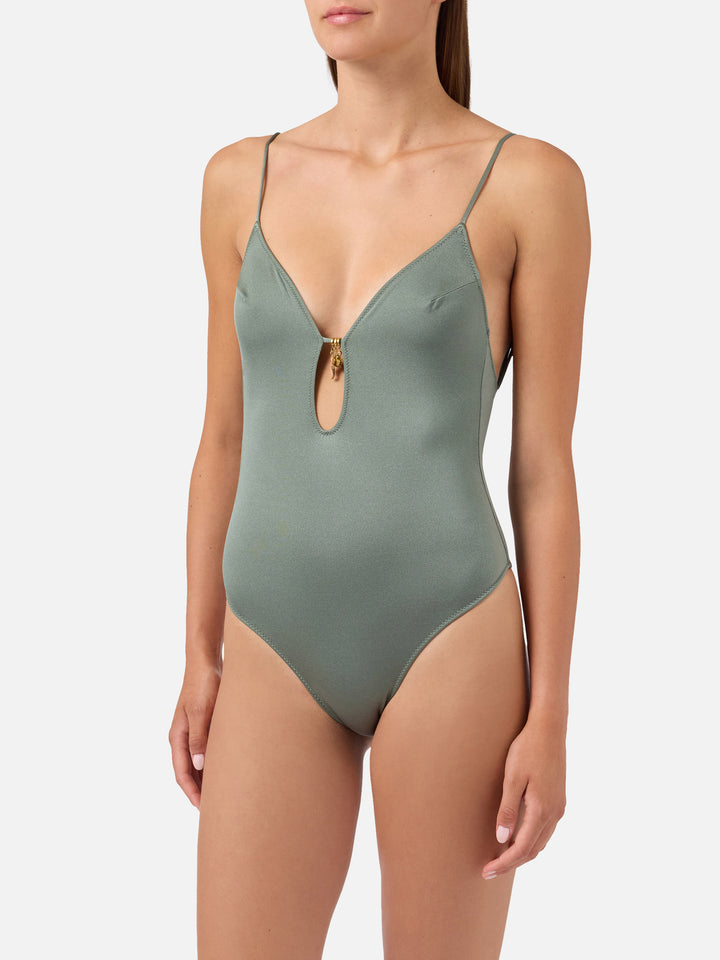 Bañador de una pieza Crunchy en verde militar con acabado brillante y charms 