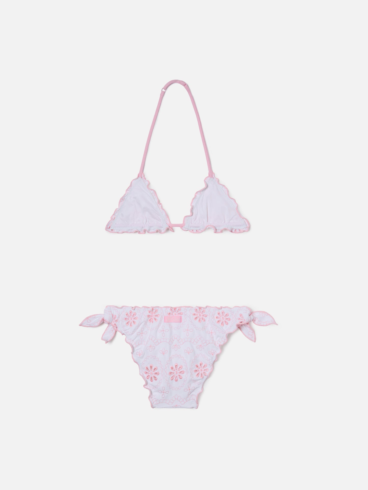 Bikini Cris in tessuto sangallo bianco con ricamo rosa