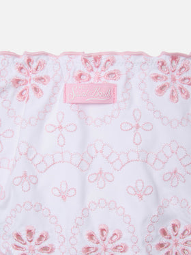 Bikini Cris in tessuto sangallo bianco con ricamo rosa