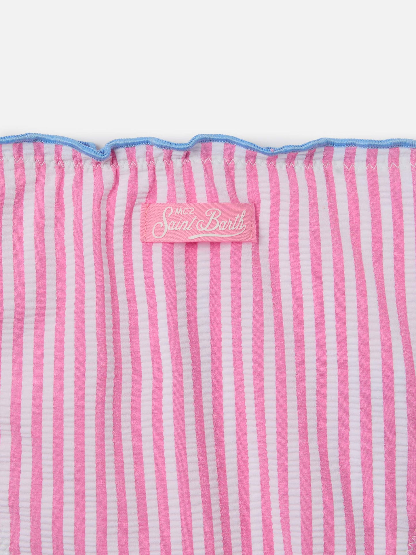 Cris white and pink seersucker striped bikini with ruffled edges