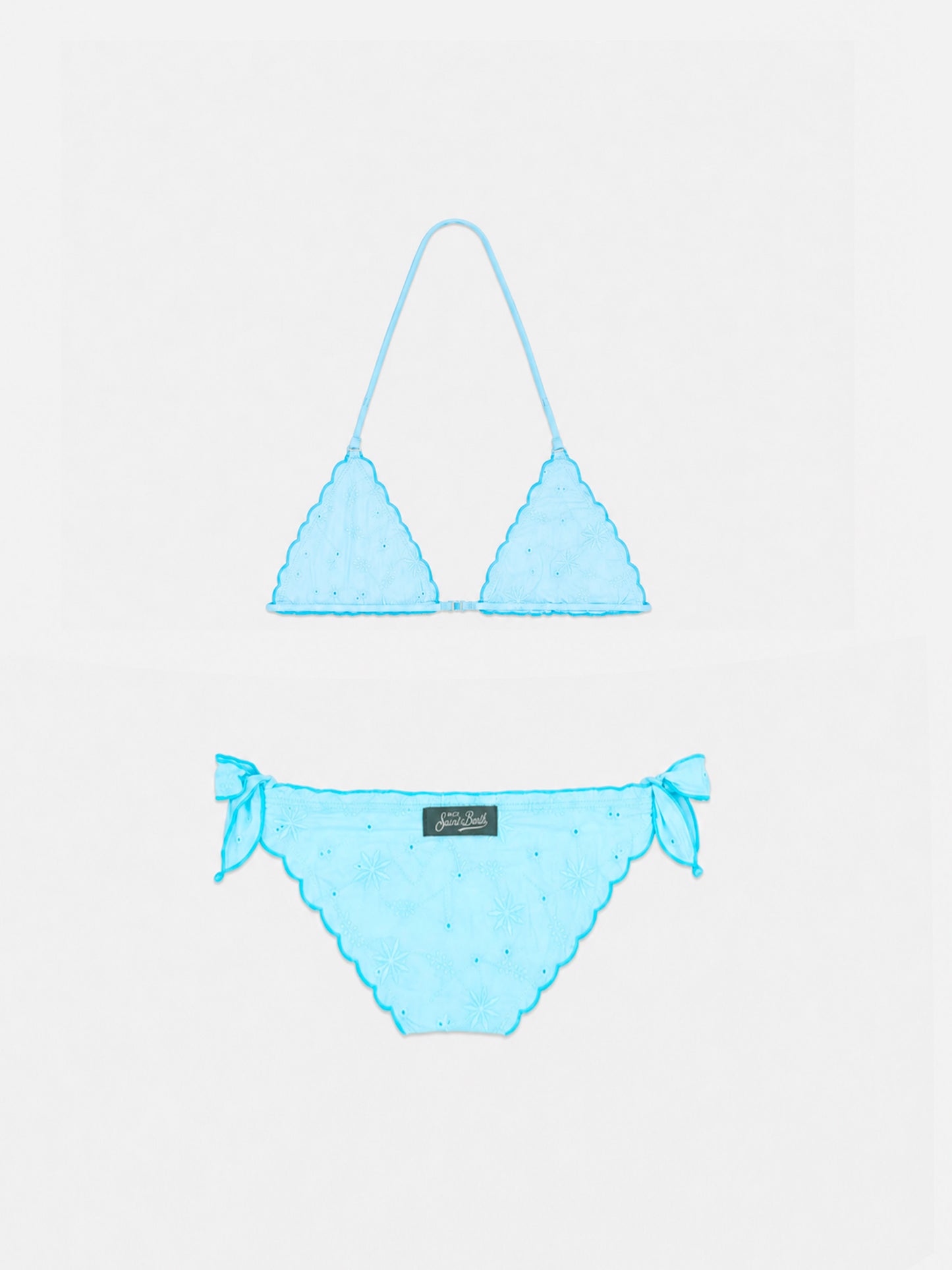 Bikini triangle classique vert d’eau pour fille Cris avec broderie Sangallo 