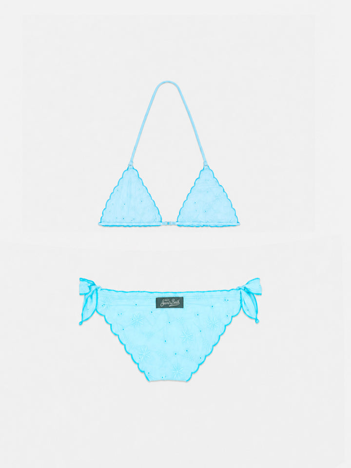 Girl water green classic triangle bikini Cris with Sangallo embroidery