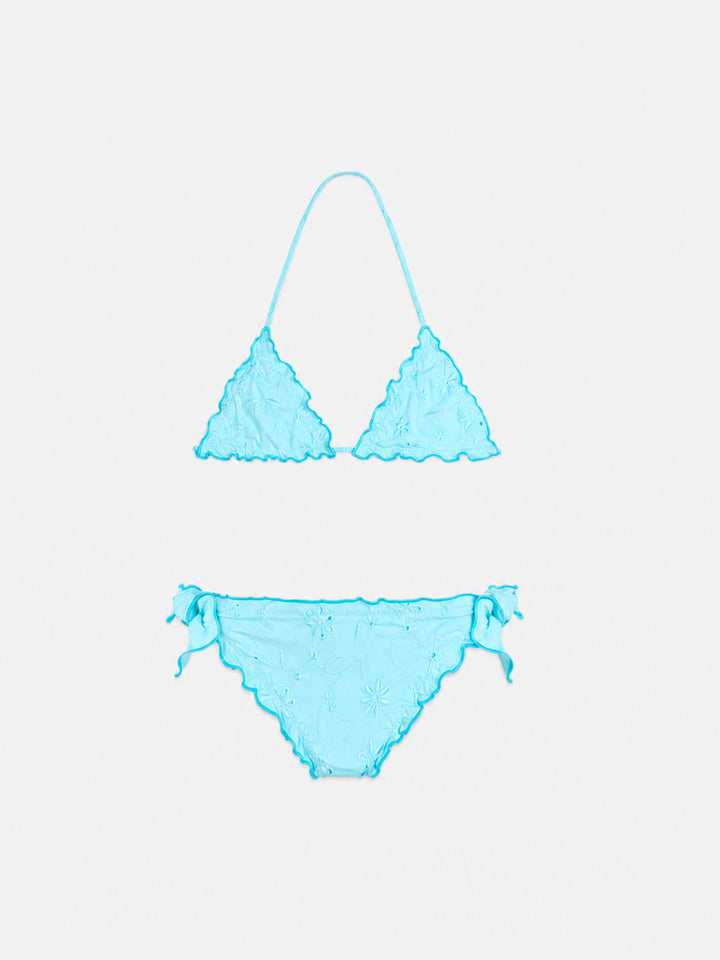 Girl water green classic triangle bikini Cris with Sangallo embroidery
