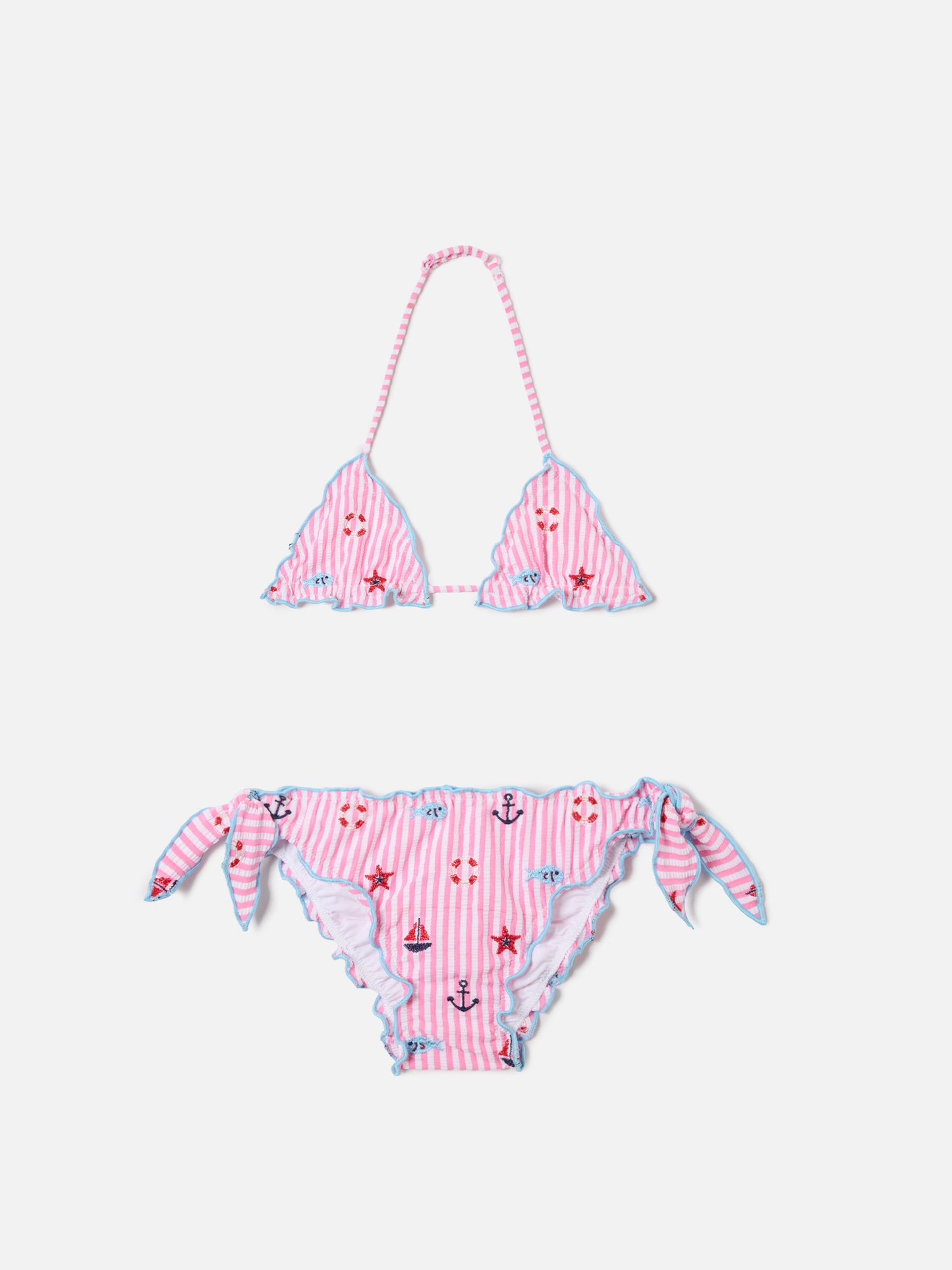Cris pink and light blue seersucker striped bikini with embroidered details